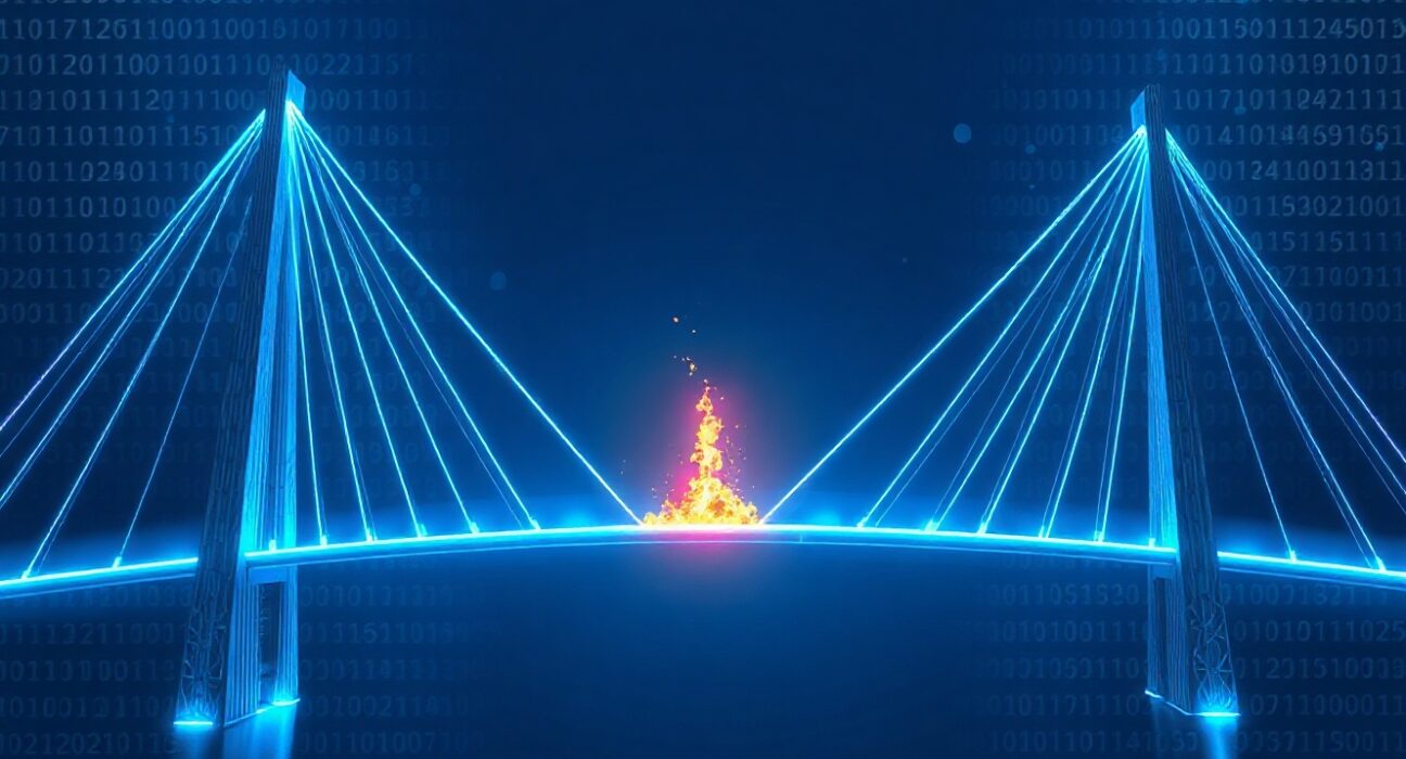 Illustration of a blockchain bridge with a crack, symbolizing the Coreum bridge exploit.