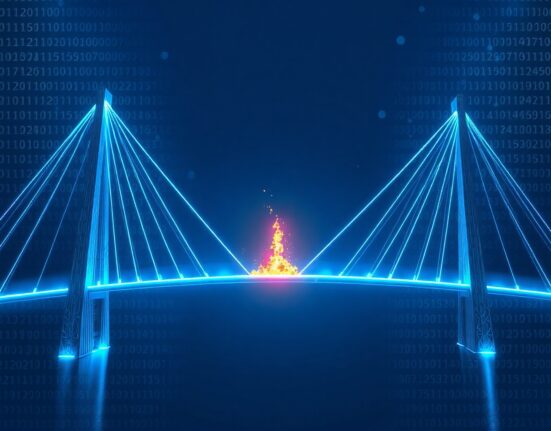 Illustration of a blockchain bridge with a crack, symbolizing the Coreum bridge exploit.