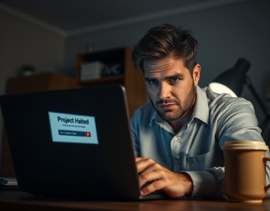 Investor looking at a laptop with a project halted notification, representing CORN token refund concerns.