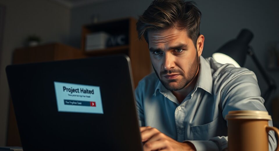Investor looking at a laptop with a project halted notification, representing CORN token refund concerns.