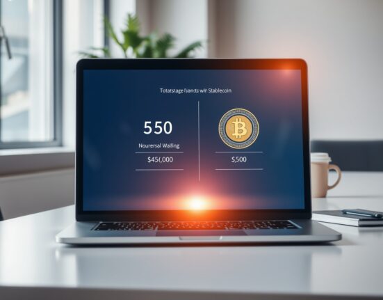 Laptop displaying a digital wallet interface with fiat and stablecoin balances in a modern office setting.