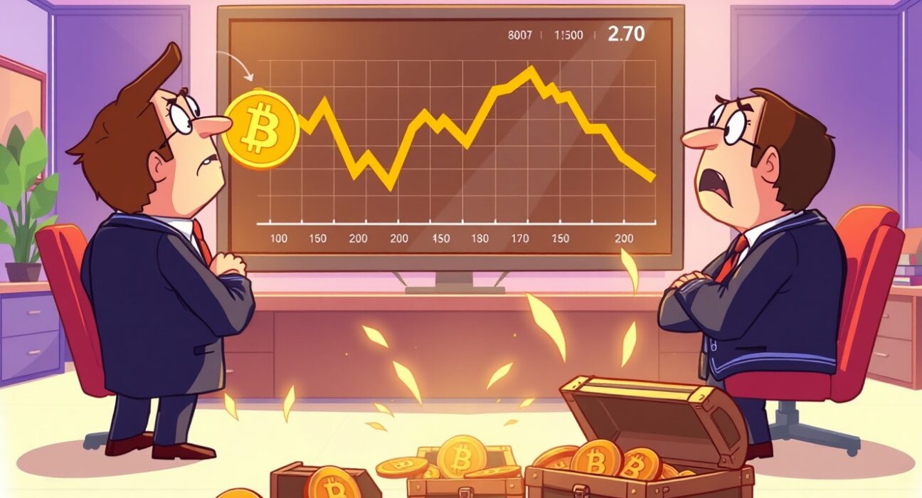 Corporate Bitcoin buying decline shown through worried executives and empty BTC treasure chests in office setting