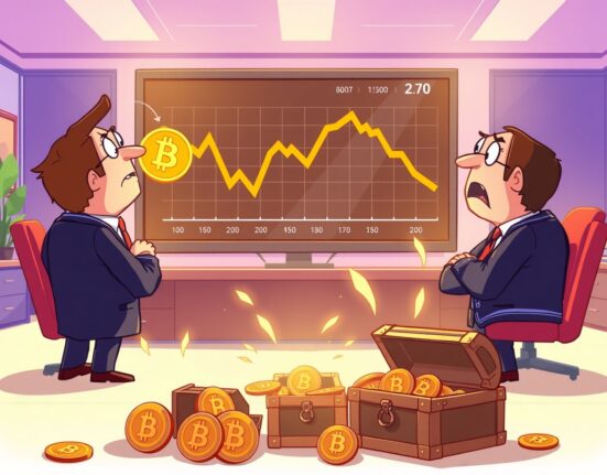 Corporate Bitcoin buying decline shown through worried executives and empty BTC treasure chests in office setting