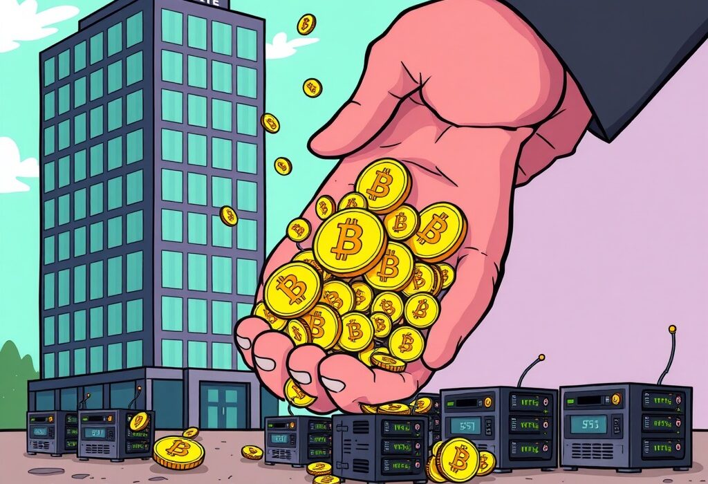 A cartoon shows corporate hands actively acquiring Bitcoin, illustrating the powerful trend of corporate Bitcoin buying surpassing miner output.