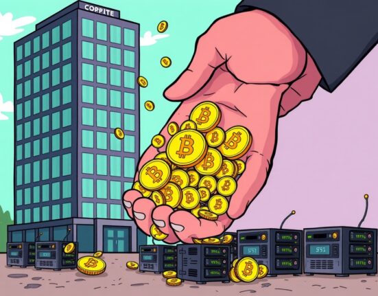 A cartoon shows corporate hands actively acquiring Bitcoin, illustrating the powerful trend of corporate Bitcoin buying surpassing miner output.