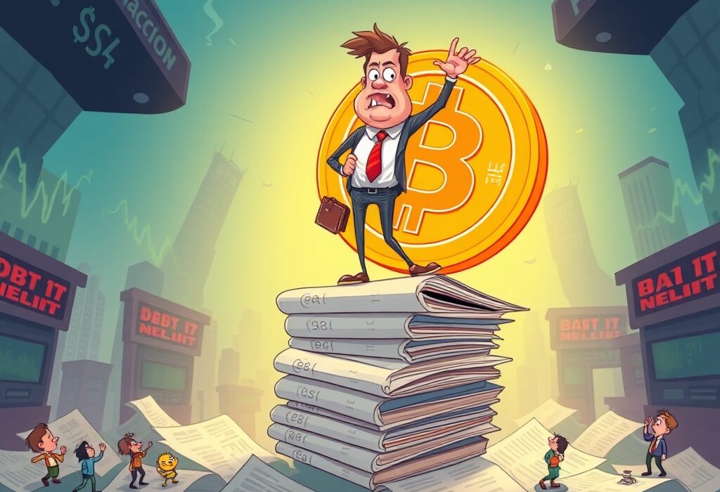 A cartoon depicting the precarious risks of corporate Bitcoin debt, with a businessman balancing Bitcoin on unstable debt.