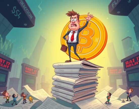 A cartoon depicting the precarious risks of corporate Bitcoin debt, with a businessman balancing Bitcoin on unstable debt.