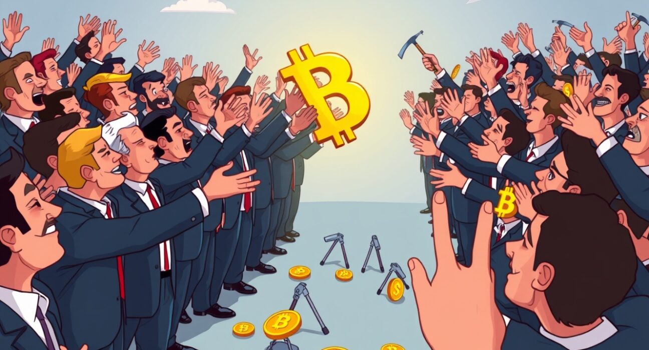 Cartoon showing overwhelming corporate Bitcoin demand outstripping limited new supply, highlighting Bitcoin's growing institutional adoption.