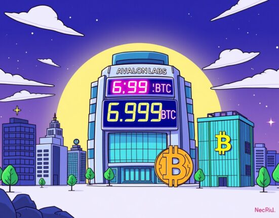 Cartoon illustration of Avalon Labs' significant corporate Bitcoin holdings, ranking them among the global top 5.