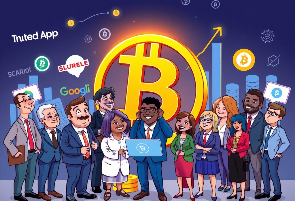 Cartoon showing various businesses embracing Bitcoin, symbolizing the surge in global corporate Bitcoin holdings and institutional adoption.