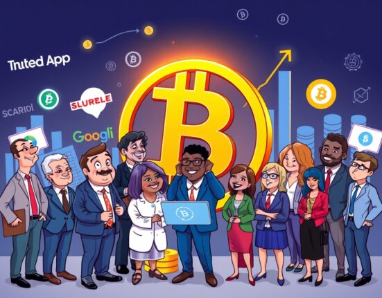 Cartoon showing various businesses embracing Bitcoin, symbolizing the surge in global corporate Bitcoin holdings and institutional adoption.