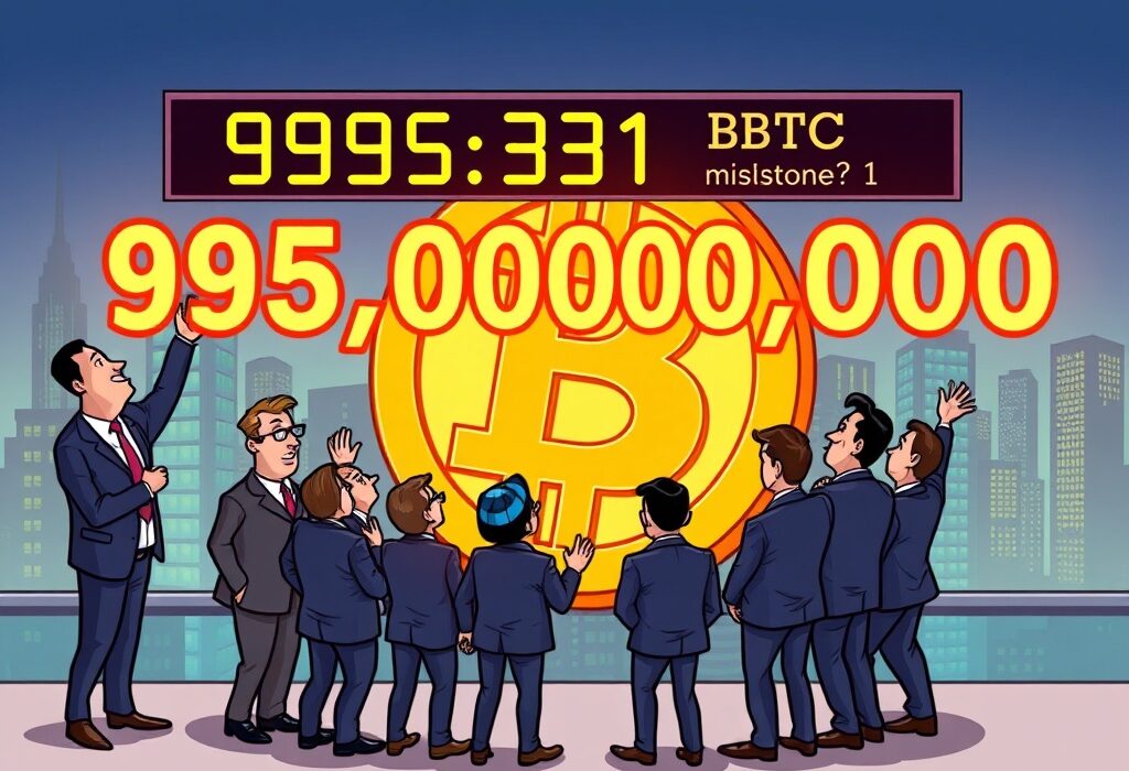 Cartoon showing corporate executives celebrating near 1 million corporate Bitcoin holdings milestone, highlighting institutional adoption.