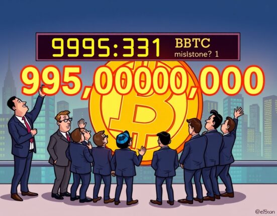 Cartoon showing corporate executives celebrating near 1 million corporate Bitcoin holdings milestone, highlighting institutional adoption.