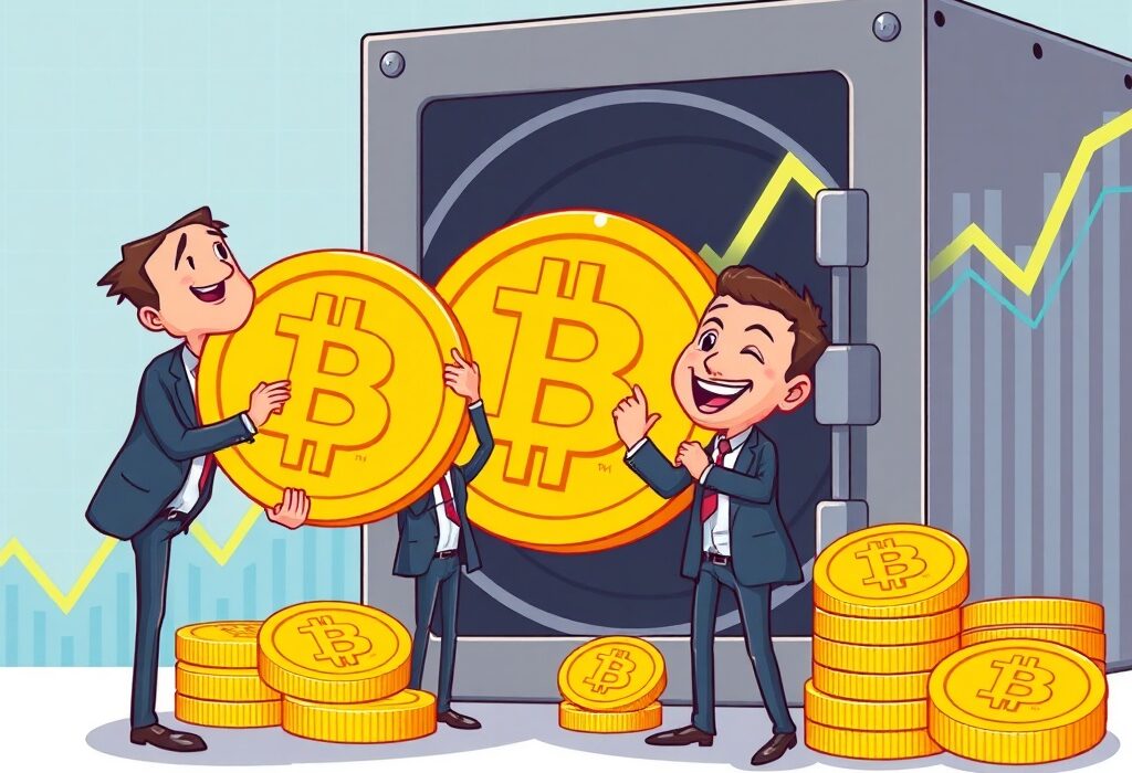 A cartoon image showing strong corporate Bitcoin investment, as executives add BTC to a treasury, reflecting institutional confidence.