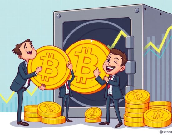 A cartoon image showing strong corporate Bitcoin investment, as executives add BTC to a treasury, reflecting institutional confidence.