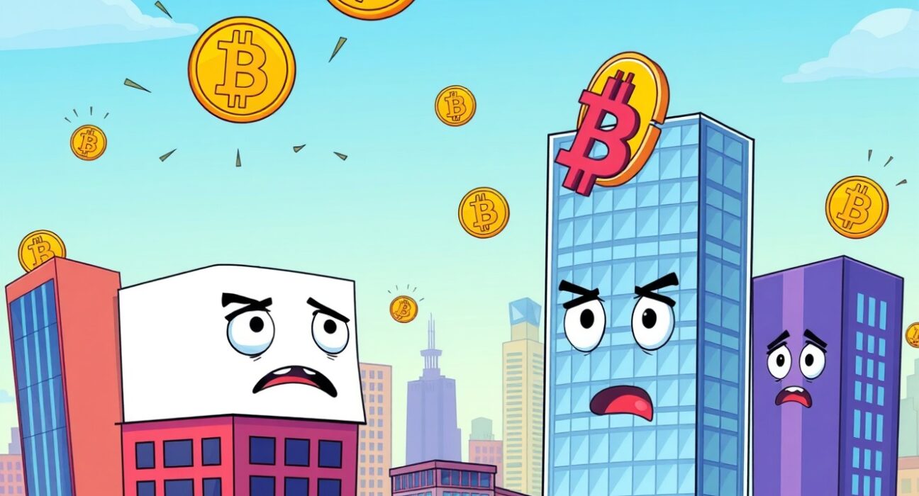Corporate Bitcoin purchases slowdown shown through deflated corporate building with BTC symbols