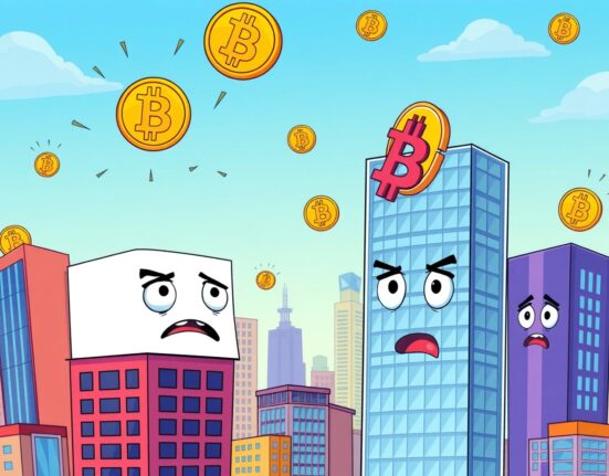 Corporate Bitcoin purchases slowdown shown through deflated corporate building with BTC symbols