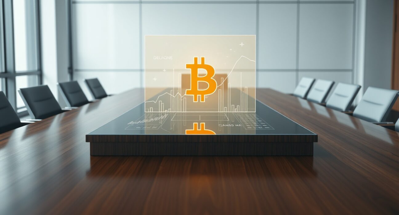 Corporate boardroom strategy meeting analyzing Bitcoin investment data and charts on a holographic display.