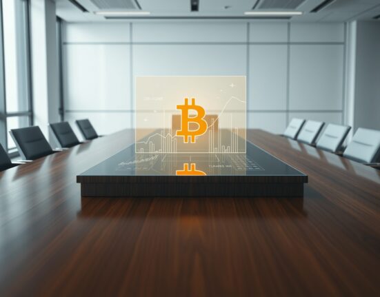 Corporate boardroom strategy meeting analyzing Bitcoin investment data and charts on a holographic display.