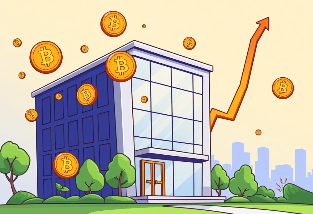 A cartoon illustration showing a company building with dollar signs and Bitcoin symbols flying around, representing a successful Corporate Bitcoin Strategy.