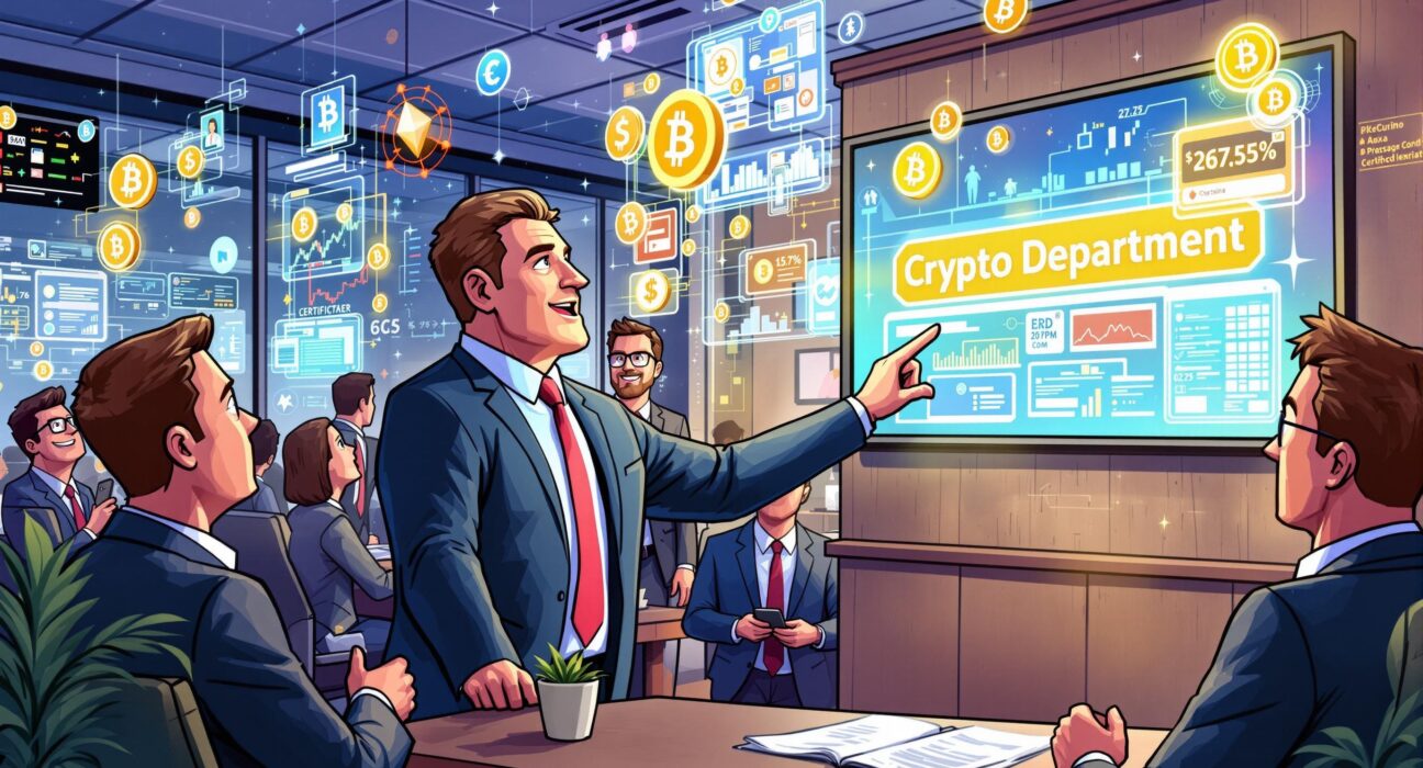 An illustration depicting a diverse group of business professionals embracing corporate crypto adoption, with digital assets and blockchain symbols around them.