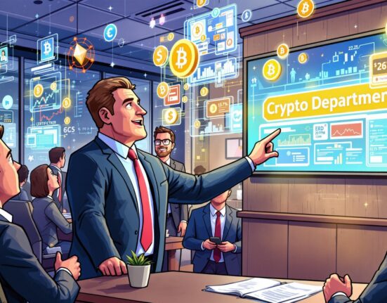 An illustration depicting a diverse group of business professionals embracing corporate crypto adoption, with digital assets and blockchain symbols around them.