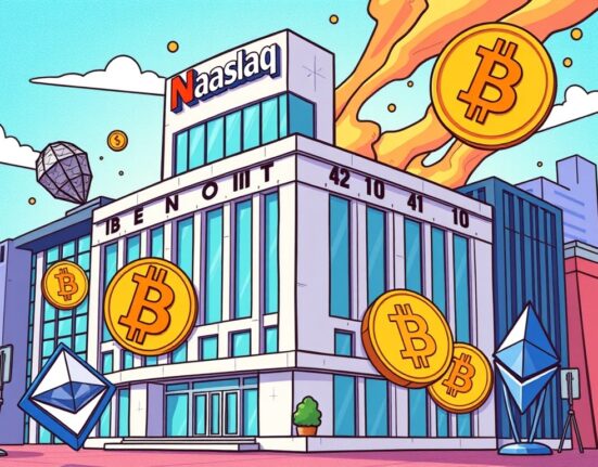 A cartoon illustration depicting a corporate crypto investment by a Nasdaq-listed company, showing digital assets flowing into a traditional business structure.