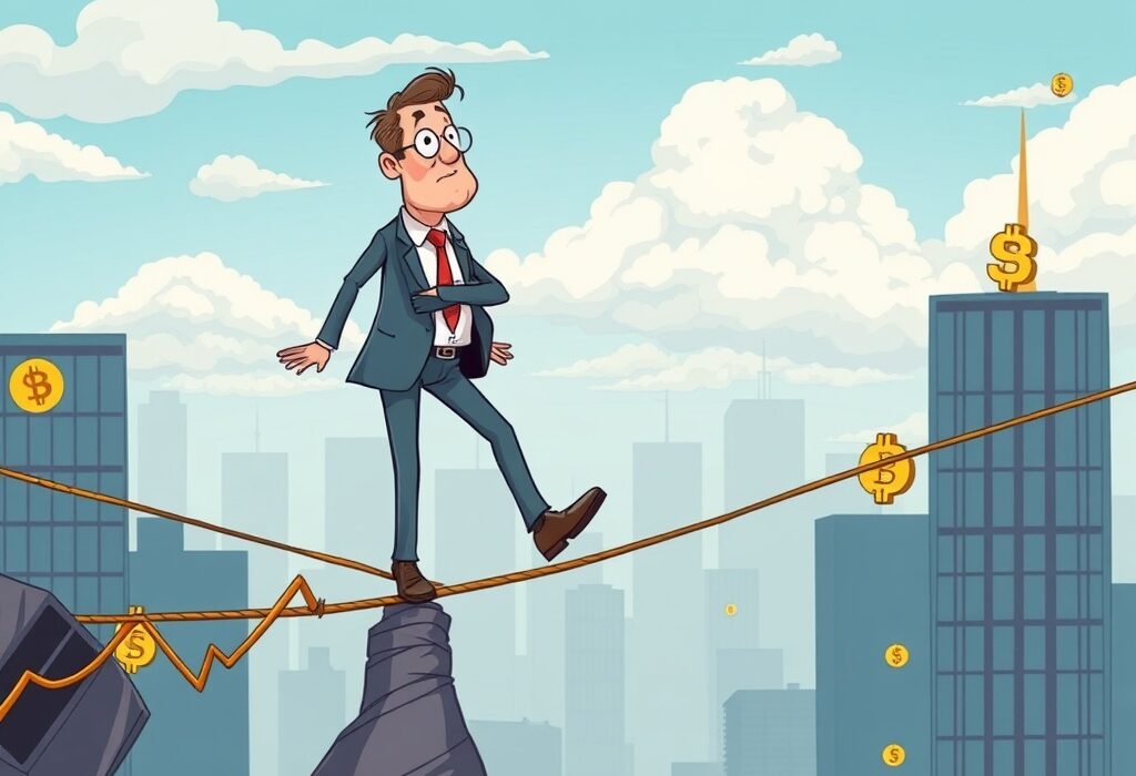 Cartoon illustration showing an executive carefully navigating corporate crypto treasuries amidst market volatility.