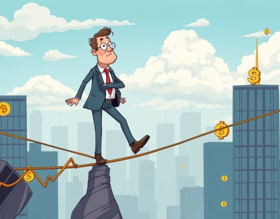 Cartoon illustration showing an executive carefully navigating corporate crypto treasuries amidst market volatility.