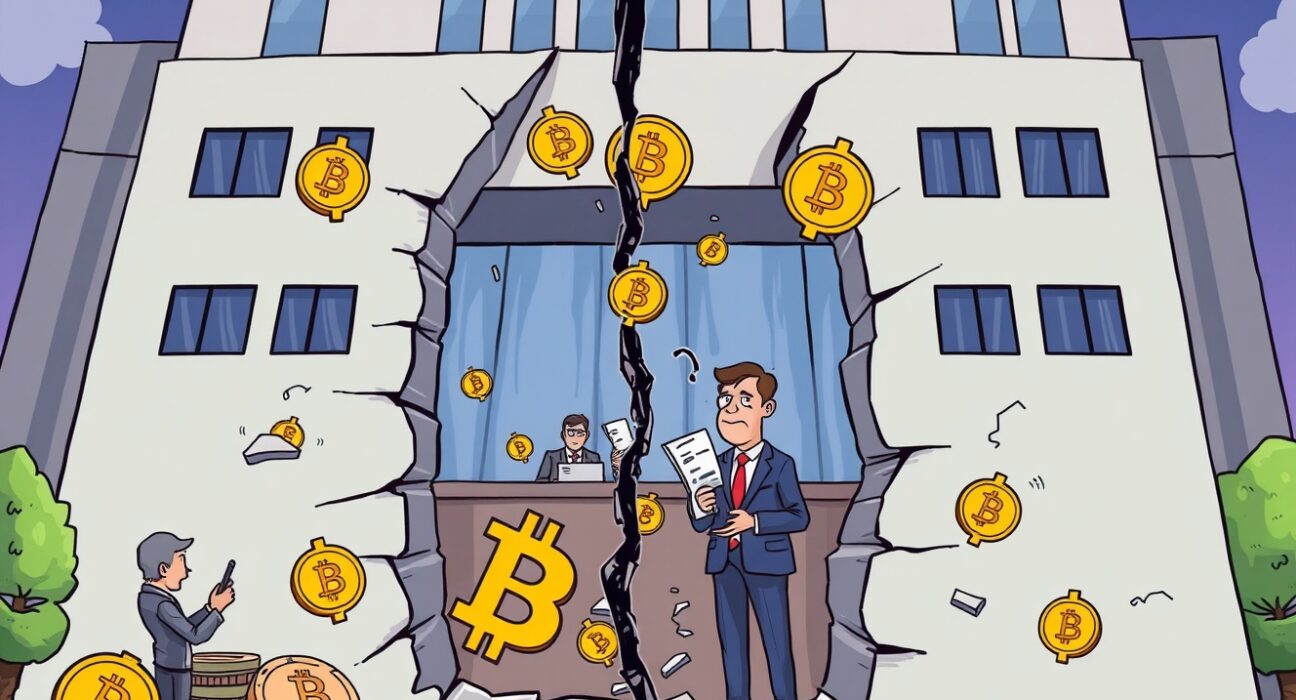A cartoon illustration showing a crumbling corporate building, symbolizing the collapse of the corporate crypto treasury model, with digital currency falling out.