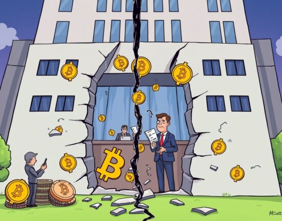 A cartoon illustration showing a crumbling corporate building, symbolizing the collapse of the corporate crypto treasury model, with digital currency falling out.