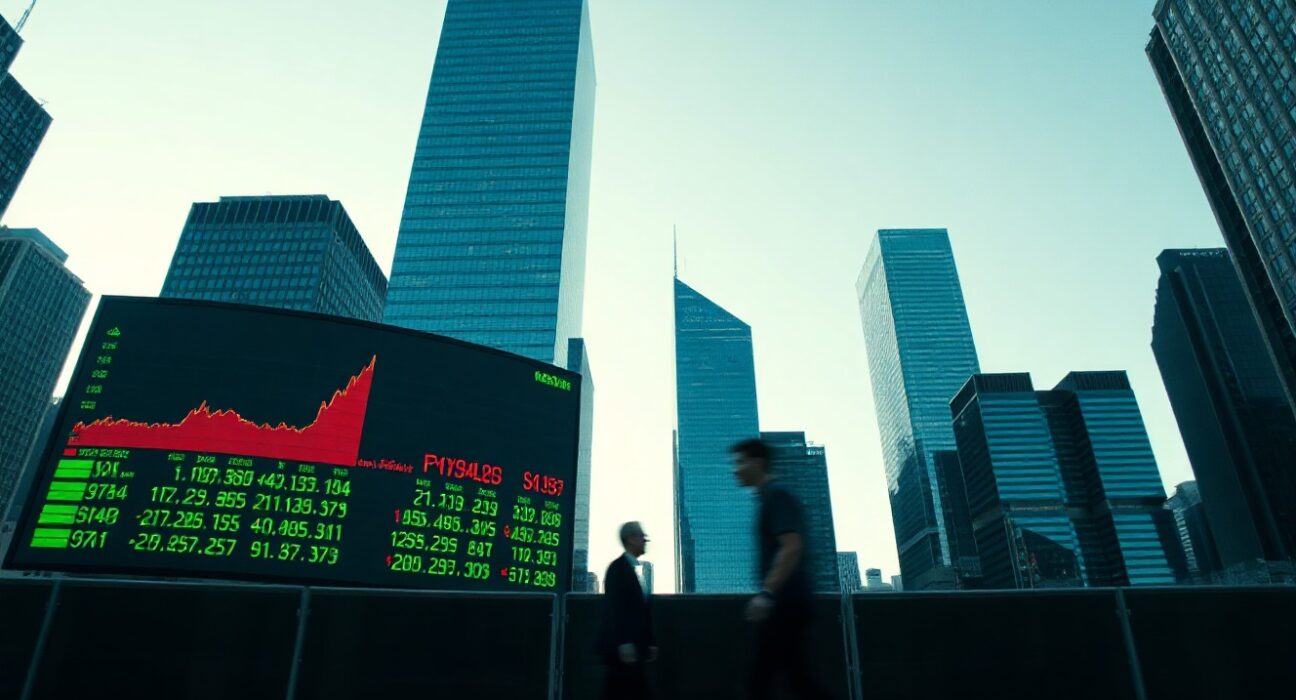 Stock market ticker board and financial district skyline at dawn, reflecting investor focus on corporate earnings.