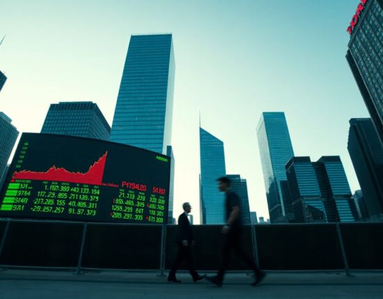 Stock market ticker board and financial district skyline at dawn, reflecting investor focus on corporate earnings.