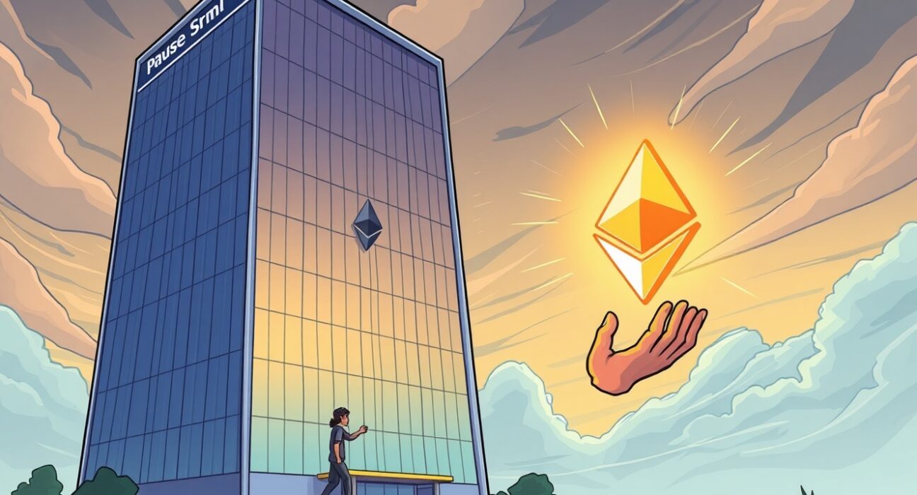 Cartoon illustrating the dramatic slowdown in corporate ETH accumulation as a hesitant corporation pauses its investment.