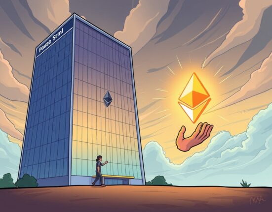 Cartoon illustrating the dramatic slowdown in corporate ETH accumulation as a hesitant corporation pauses its investment.
