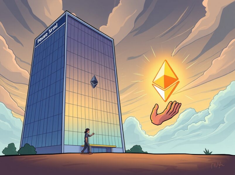 Cartoon illustrating the dramatic slowdown in corporate ETH accumulation as a hesitant corporation pauses its investment.