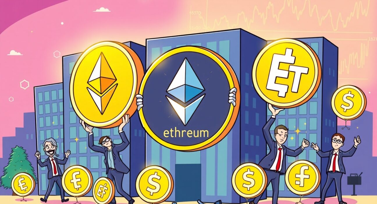 Corporate ETH holdings surpassing ETFs in vibrant cartoon business scene