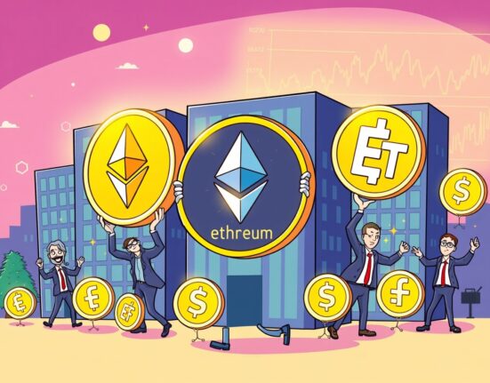Corporate ETH holdings surpassing ETFs in vibrant cartoon business scene
