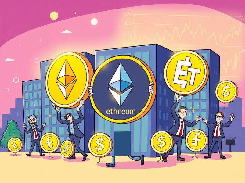 Corporate ETH holdings surpassing ETFs in vibrant cartoon business scene