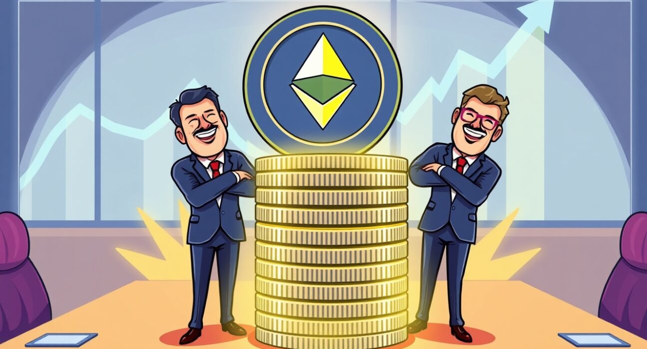 Corporate ETH investors confidently building a large stack of Ethereum coins, symbolizing major accumulation.