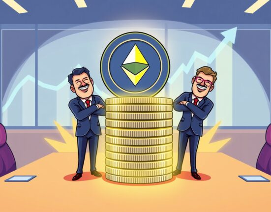 Corporate ETH investors confidently building a large stack of Ethereum coins, symbolizing major accumulation.