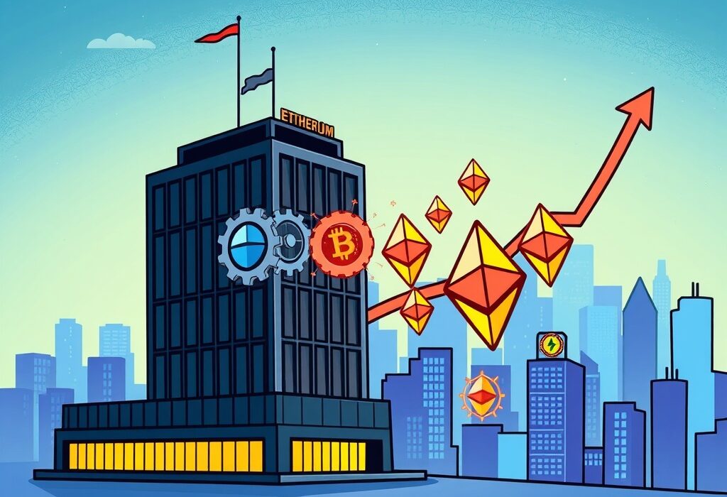 A cartoon illustration showing a corporate building absorbing Ethereum symbols, representing the predicted massive corporate Ethereum adoption.