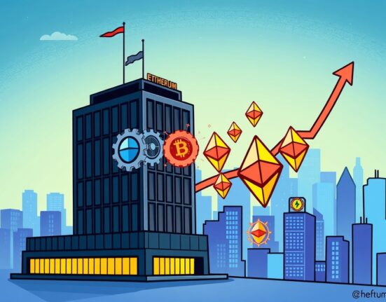 A cartoon illustration showing a corporate building absorbing Ethereum symbols, representing the predicted massive corporate Ethereum adoption.