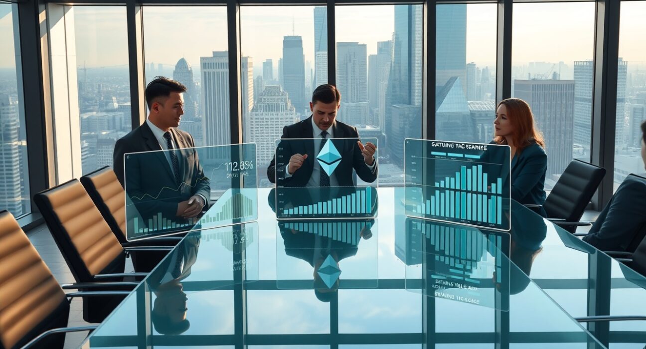 Corporate executives analyzing Ethereum staking and DeFi yield data in modern boardroom setting