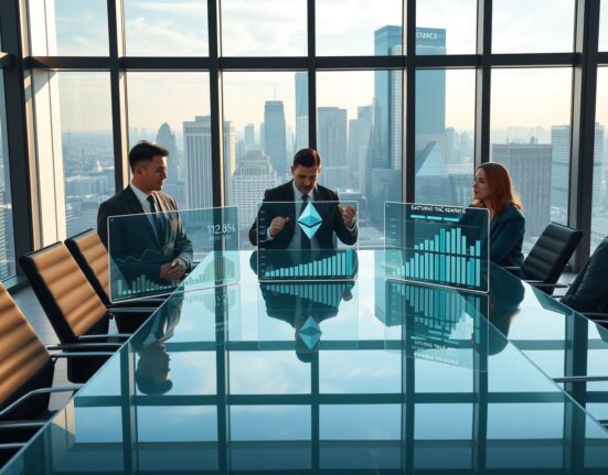 Corporate executives analyzing Ethereum staking and DeFi yield data in modern boardroom setting
