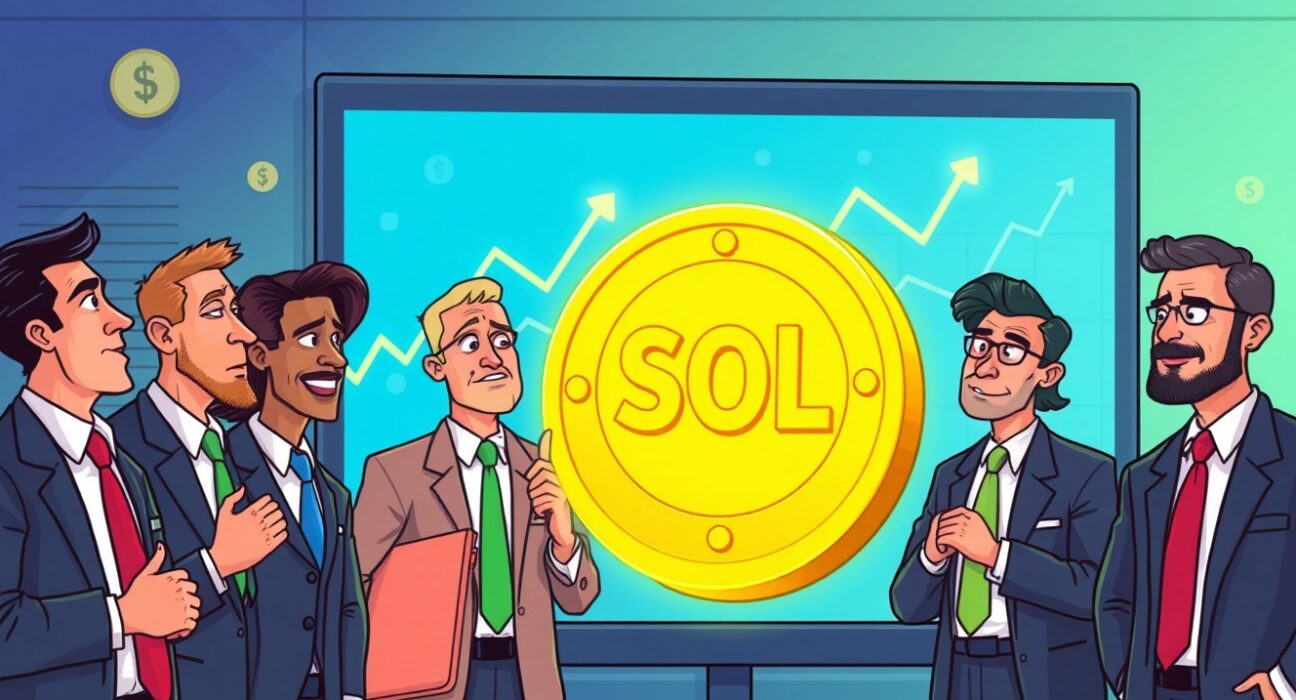 A cartoon illustration of business leaders analyzing significant Corporate SOL Reserves and strategic Solana investments.