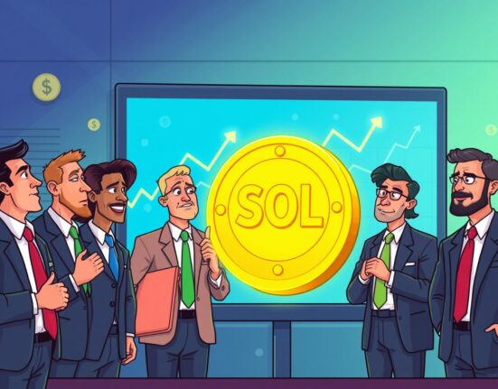 A cartoon illustration of business leaders analyzing significant Corporate SOL Reserves and strategic Solana investments.