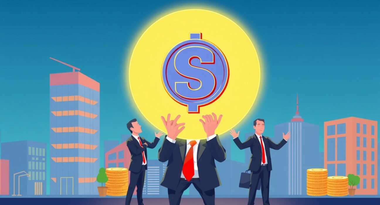 A vibrant cartoon illustration showing a large corporate building holding a Solana coin, symbolizing significant corporate Solana holdings and institutional investment.