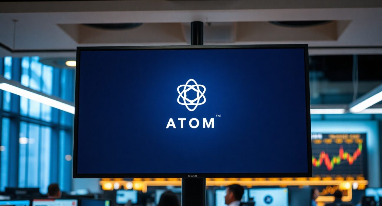 Cosmos ATOM price chart displayed on a trading desk monitor in a professional office