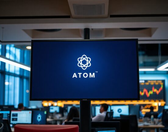 Cosmos ATOM price chart displayed on a trading desk monitor in a professional office